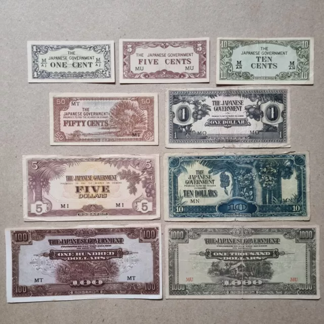 Japanese Invasion Money (JIM) WWII Banknotes Set of 9 Malaya 1 cent - $1000
