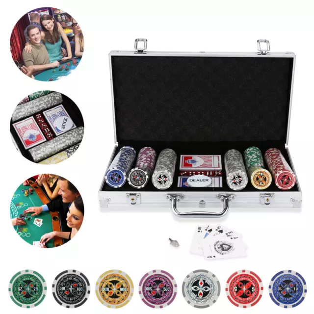 Pokerchips Pokerset Pokerkoffer Abschließbar ABGERUNDETE 300 Chips Pokerkarten