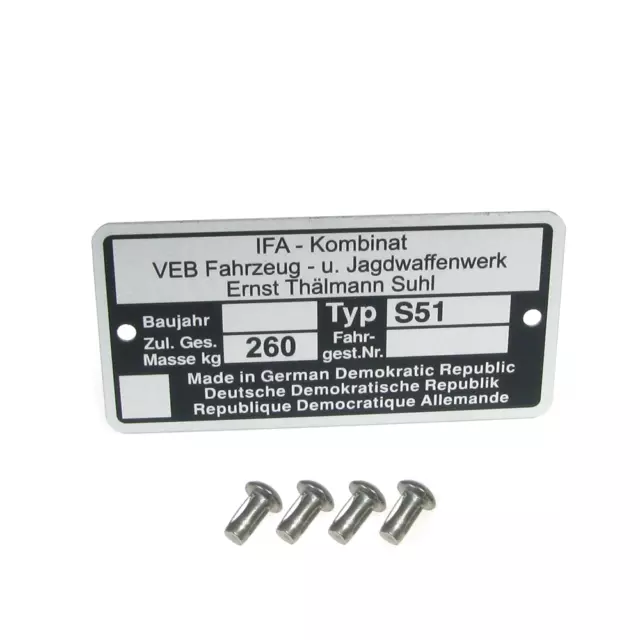 Typenschild mit 4 x Kerbnagel passend für Simson S51