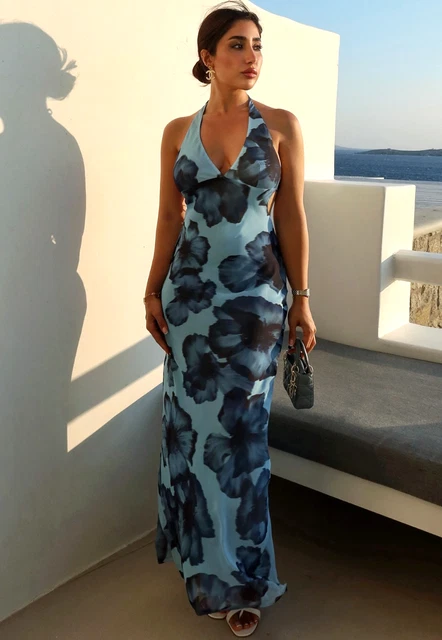 ZARA LONG MAXI Floral Printed Halter Neck Dress Blues XS S M L XL 3324/309  New 49.95 - PicClick UK