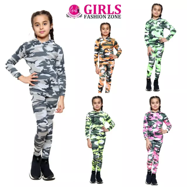 Girls Tracksuit Camouflage Hoodie Top Long Sleeves & Full Length Legging Outfit