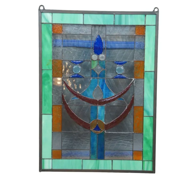 Vtg Arts & Crafts Clear Green Blue Leaded Stained Glass Hanging Window Panel 26"