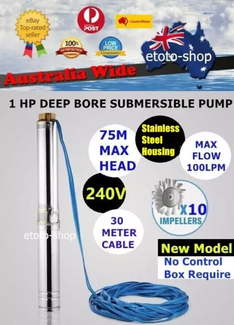 NEW MODEL 1 HP S/Steel Submersible Bore Water Pump + 30M Cable with Power Plug