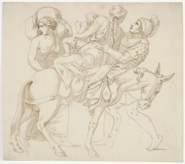 "Hoplite taking leave of family" Austrian Neoclassical drawing, late 18th c.(m)