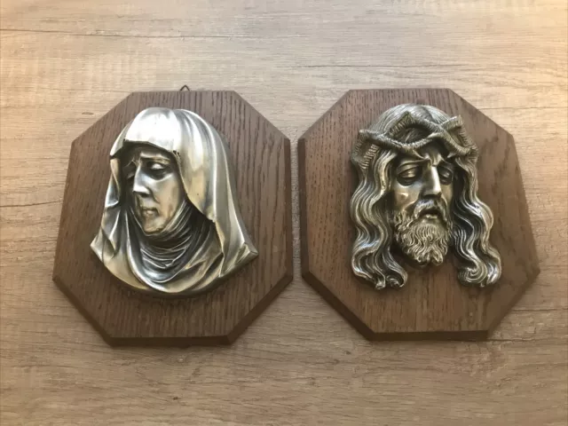 2er Set Vintage Wandbild aus Holz mit Zinn Relief „Maria & Jesus“