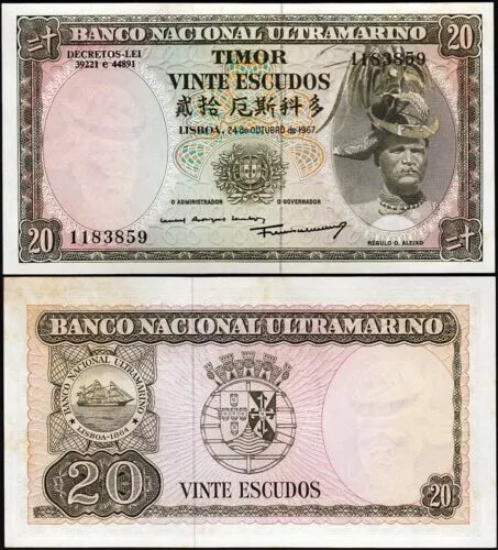 Banknote - Timor 1967, 20 escudos 1963, P26 aUNC, R.D.Alexio(F) Seal & Arms(R)