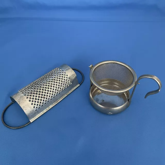 Antique Tin Metal Nutmeg Grater & Metal Swivel Tea Bag Holder Strainer Drip Bowl