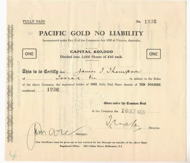 Share Scrip -  Mining. 1935 Pacific Gold N/L (Fiji)..  Reg Melbourne