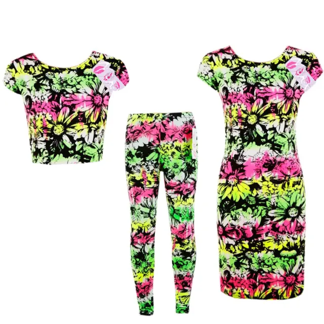Kids Girls Neon Floral Flowers Print Legging Skater Midi Dress Crop Top Playsuit