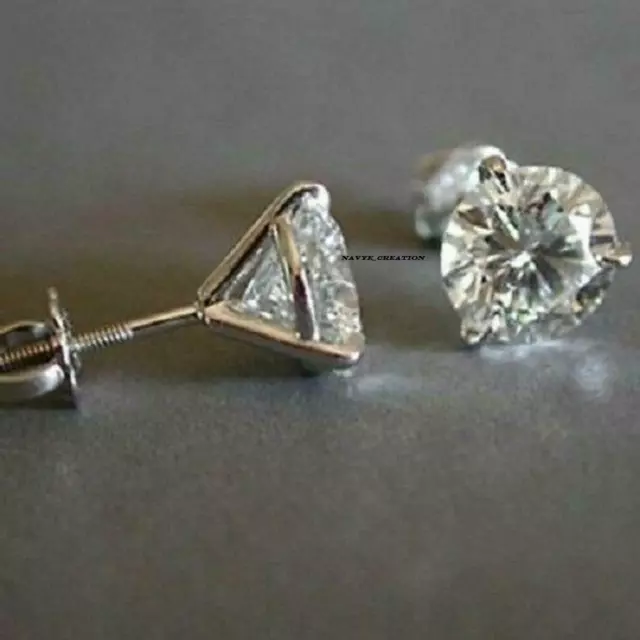 2Ct Round Cut Lab Created Diamond Screw Back Stud Earrings 14k White Gold Plated