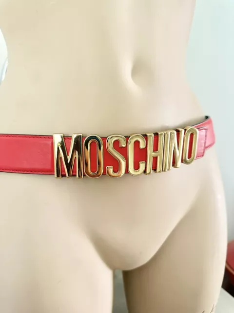 MOSCHINO IT 44 Womens Logo Leather belt Red Gold Studs Name Letters New 100cm