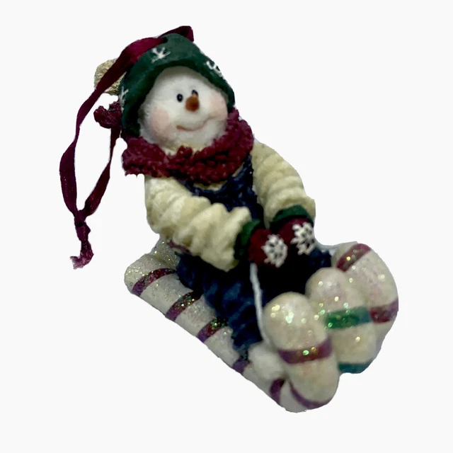 Snowman Christmas Tree Ornament 3" Candy Cane Sparkle Sled Ceramic Super Cute