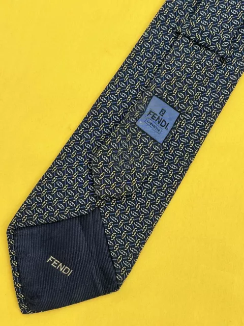 Authentic FENDI All Over FF Net Design On Navy Blue 100% Silk Necktie Tie