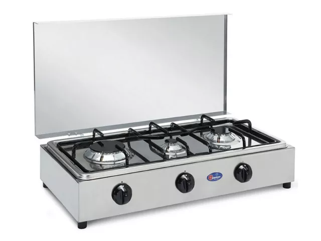 FineFlame Fornello da campeggio, 3 fuochi a propano portatile con regolatore, accensione istantanea a pulsante, bruciatori regolabili e paravento per auto, barbecue, picnic, cucina all'aperto (black