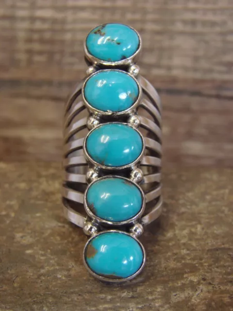 Navajo Indian Sterling Silver Turquoise Row Ring -Thomas Yazzie - Size 6