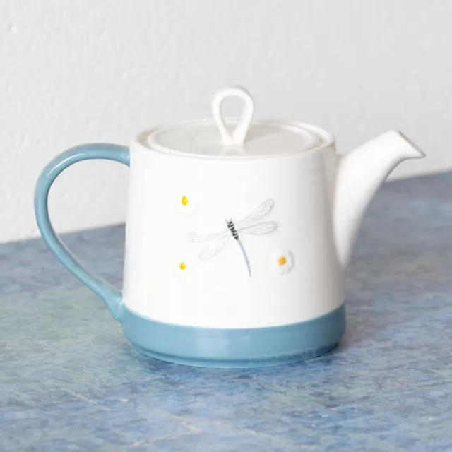 White & Blue Ceramic Teapot 1 Litre Dragonfly Daisies Floral Tea Serving Pot