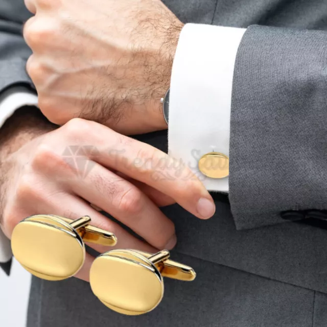 Plain Yellow Gold Shiny Oval Mens Cuff Links Stainless Steel Wedding Cufflinks