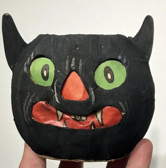 Original German 4” Pressed Paper Halloween Cat JOL Black Cat Lantern German Cat