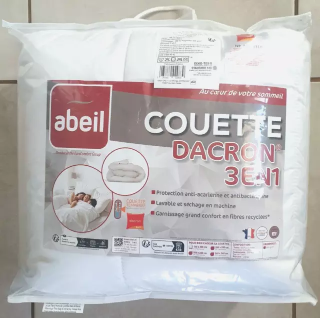 Couette tempérée blanche Dacron 3 en 1 (anti-acarien) neuve 140 x 200 cm Abeil