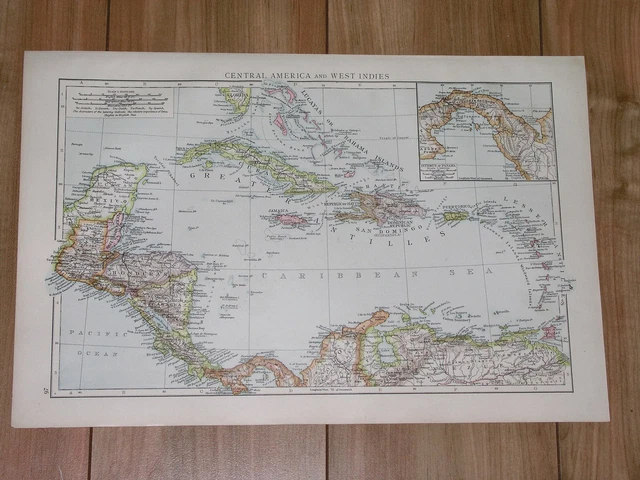 1896 Original Antique Map West Indies Caribbean Puerto Rico Panama Costa Rica