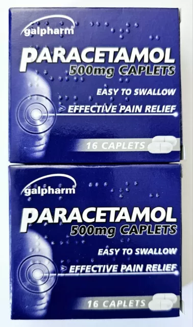 2 x 16 Paracetmol Headache Migraine Back Pain Relief Easy Swallow 500mg Caplets