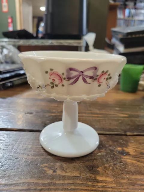 Westmoreland Hand-Painted Roses & Bows on Paneled Grape Milk Glass Vase