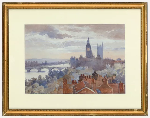Mid 20th Century Watercolour - Houses of Parliament from Whitehall Court