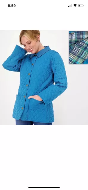 JOAN RIVERS CLASSIC Quilted Barn Jacket Plaid Lined Turquoise Blue Snap ...