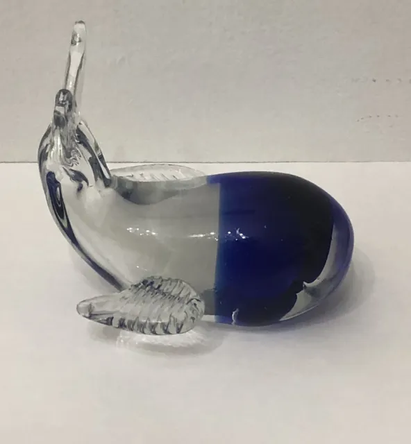 Colbalt Blue Clear Glass Whale Paperweight 4" long Nautical Two Toned Ocean
