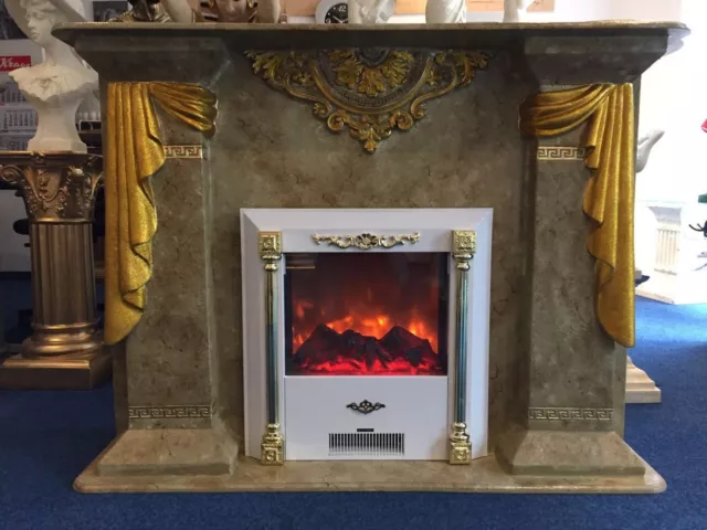 marble effect fireplace with gold logos and free remote control fire
