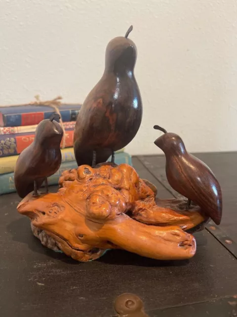 Vintage Quail Bird Trio Sculpture Statue On Driftwood Base Wooden Hand Carved