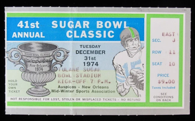 1974 Sugar Bowl Florida Gators vs. Nebraska Cornhuskers Ticket Stub