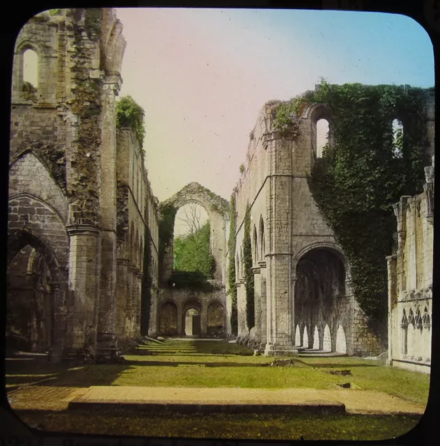 Glass Magic Lantern Slide FOUNTAINS ABBEY NAVE C1890 OLD VICTORIAN COLOUR PHOTO