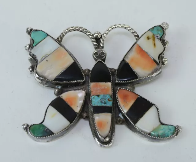 Large Vintage Zuni Pueblo Butterfly Pin; Sterling Silver with Stone Inlay