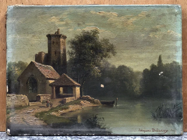 Tableau Ancien Huile Jacques DELANOY (1820-1890) Paysage Église Rivière XIXe