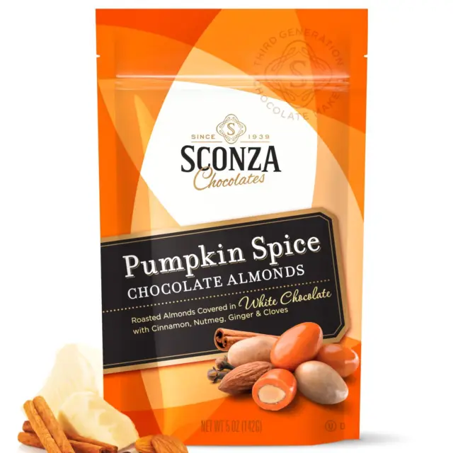 Pumpkin Spice Almond Candy by Sconza | 4.5 Oz Fall Bags of Chocolate Covered Al