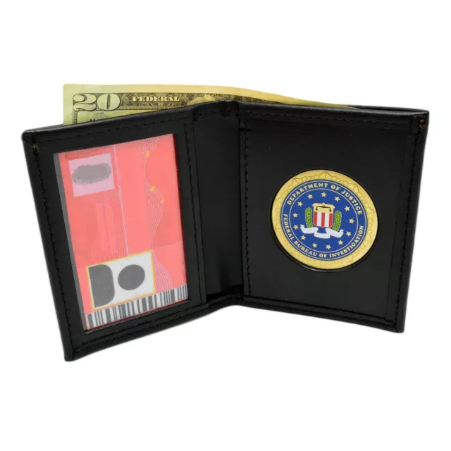 FBI Federal Bureau of Investigation Mens Black Leather Bi Fold Medallion Wallet