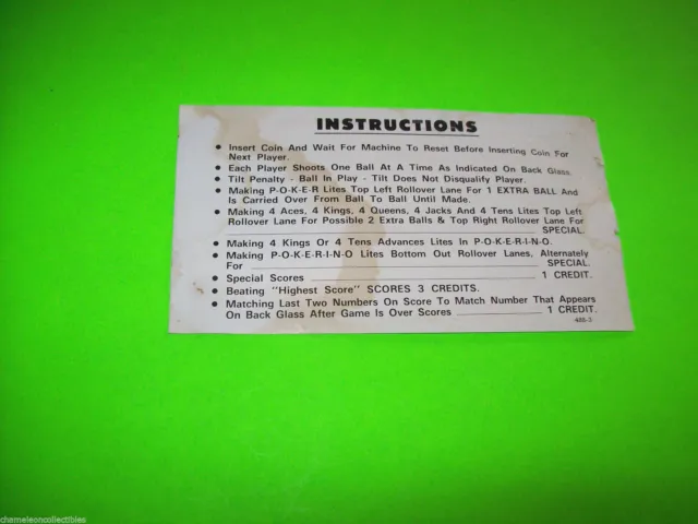 Pokerino 1978 Original Pinball Machine 2 Sided Instruction Card