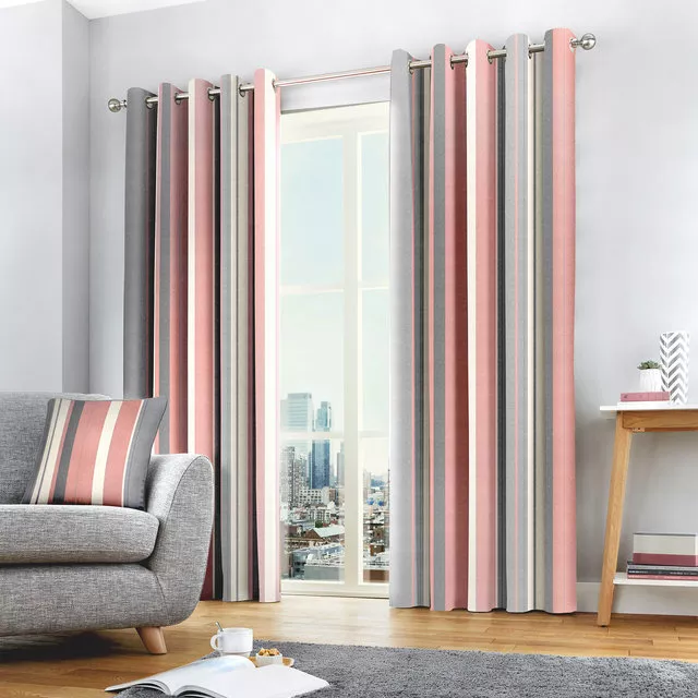 Blush Whitworth Stripe Vertical Striped Lined Eyelet Ring Top Curtains Pair