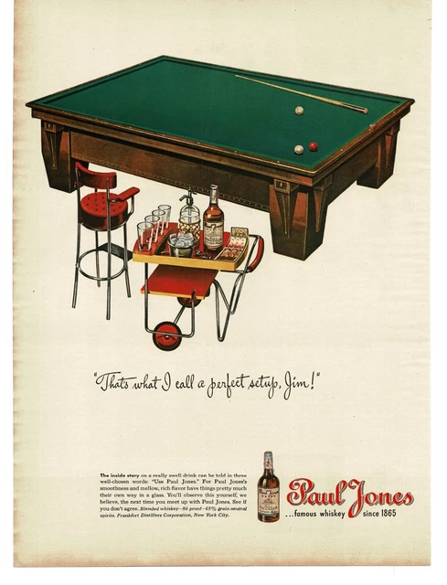 1945 Paul Jones Whiskey MCM Danish Furniture Pool Table Vintage Print Ad