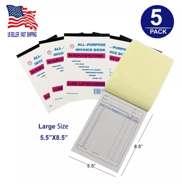 5 Pack Receipt Large Sales Order Book Invoice Duplicate Copy 50 Sets 5.5" X 8.5"