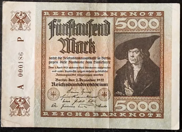 5.000 Mark Reichsbanknote Berlin, 2. Dez. 1922 / Inflationsgeld, Hyperinflation