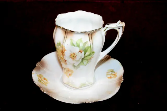 RS Prussia Chocolate Cup/Saucer- Floral Decoration w/Some Remaining Gold