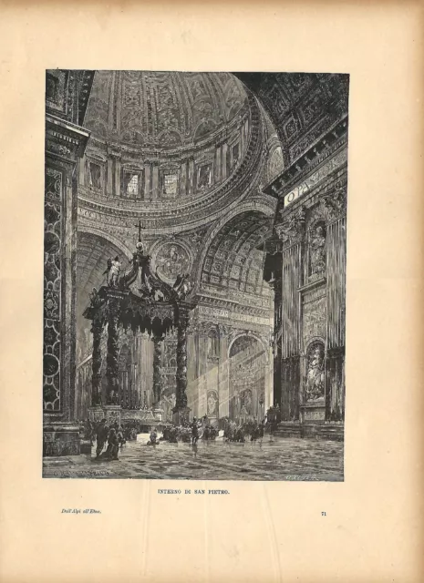 Stampa antica ROMA Basilica di San Pietro interno 1885 Antique print Rome