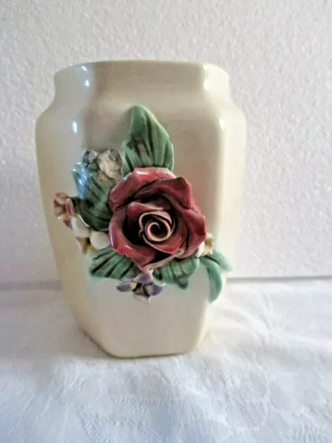 Vintage Australian Pottery Hexagonal Vase Featuring Applied Flowers & Leaves