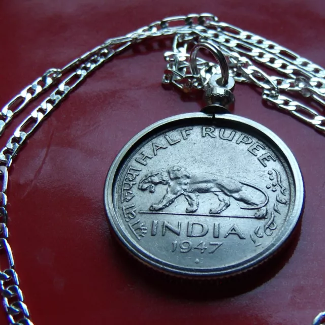 1947 INDIA TIGER 1/2 RUPEE COIN PENDANT on a 20" 925 STERLING SILVER Chain 25mm