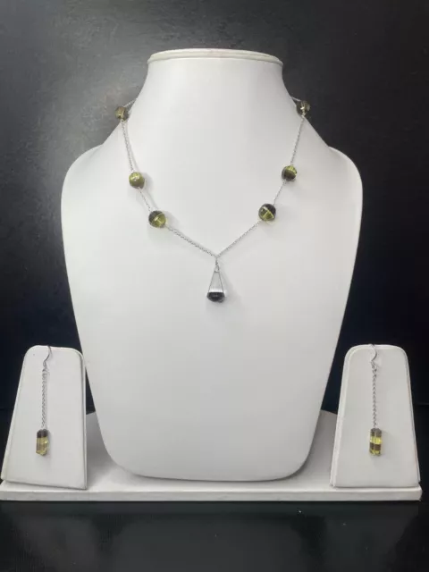 Natural Lemon & Smokey Quartz Gemstone 925 Sterling Silver Chain Necklace Set 2