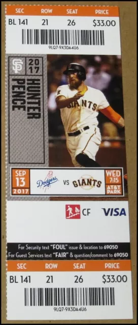 9/13/2017 San Francisco Giants vs Los Angeles Dodgers Ticket Cody Bellinger HR