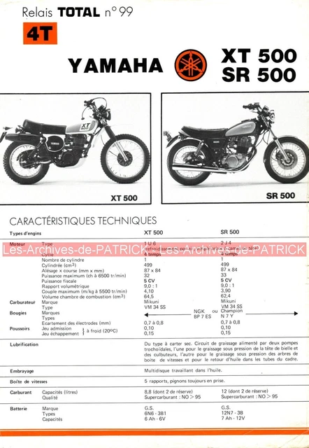 YAMAHA XT 500 ( 1U6 ) SR500 ( 2J4 ) XT500 SR 500 Fiche Technique Moto