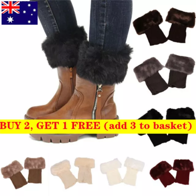 Women Winter Knitted Boot Cuffs Faux Fur Knit Trim Leg Warmer Crochet Toppers AU